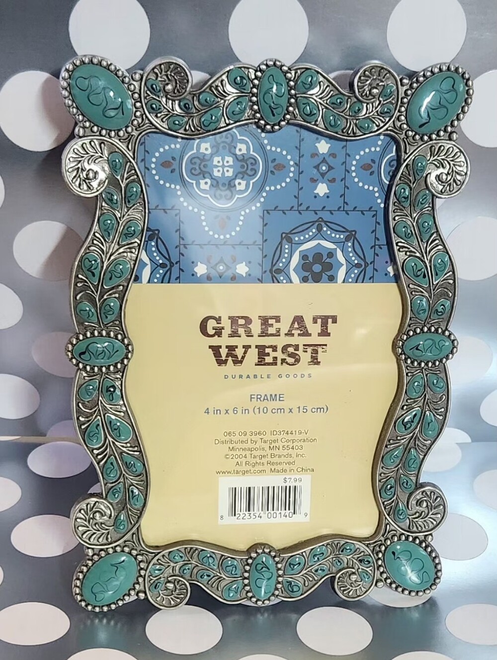 Great West Silver Tone Metal Frame w/Turqouise Colored Accents Fits 4x6 Pics